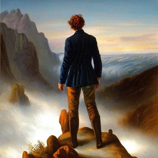 Image similar to painting of a wanderer wearing a suit above the sea of fog standing atop the mountain