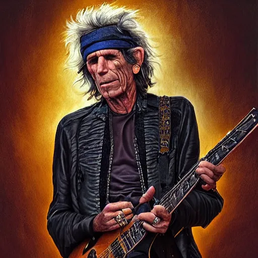 Image similar to digital painting of keith richards by filipe pagliuso and justin gerard, symmetric, fantasy, highly, detailed, realistic, intricate
