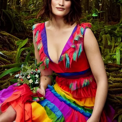 Image similar to picture of gemma arterton wearing a long rainbow wedding gown, sitting in a colorful forest