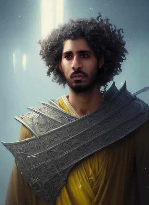 Image similar to highly detailed portrait arab man curly hair knight, hero, yellow charcoal, stephen bliss, 8 k, unreal engine, fantasy art by greg rutkowski, loish, rhads, ferdinand knab, makoto shinkai and lois van baarle, ilya kuvshinov, rossdraws, tom bagshaw, global illumination, radiant light, detailed and intricate environment