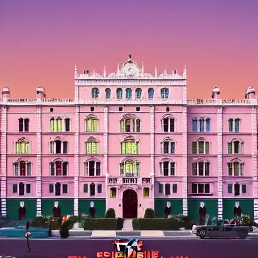 Image similar to Symmetric Wes Anderson film still in big city late at night. Establishing shot. Architecture. 8k resolution. Pastel. Sharp. Whimsical. Symmetry. Stunning.