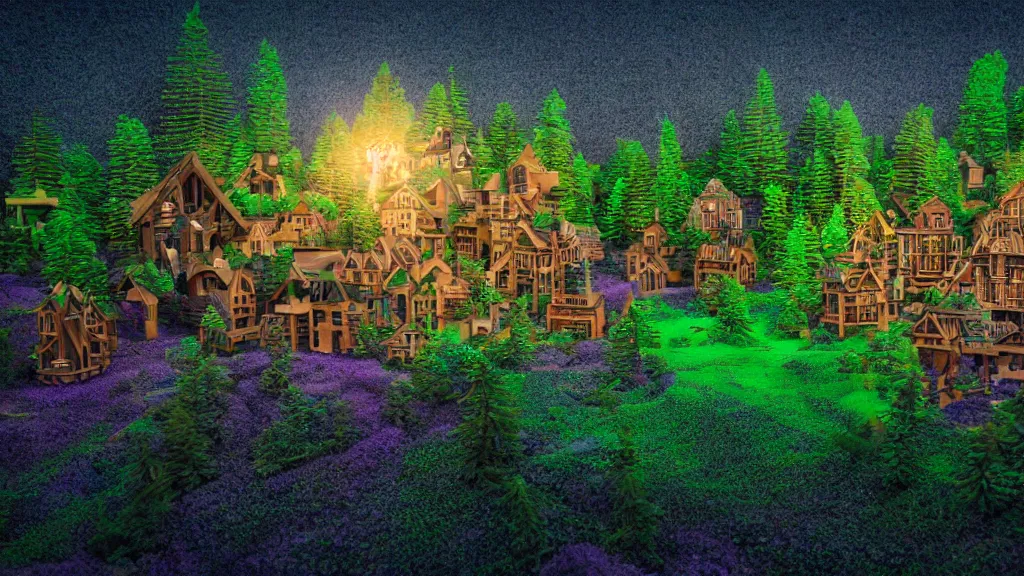 Image similar to portrait of an ethereal vaporwave wooden village made of golden lavender and green light, evergreen forest, divine, cyberspace, mysterious, high-contrast, 4k, award-winning photograph