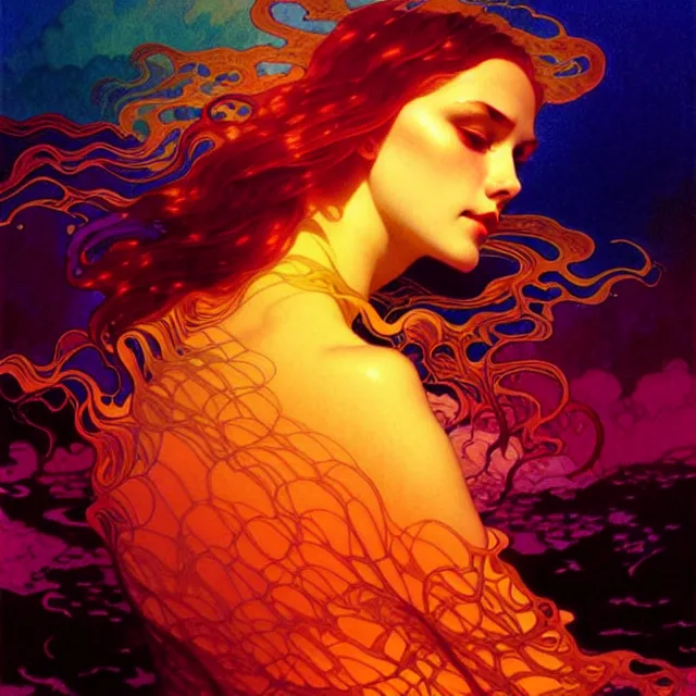 Image similar to transcendent mind bending indigo waves of glossy psychedelic liquid honey flowing like kaleidoscopic translucent amber, lsd waves, honey ripples, enlightenment, dramatic professional lighting, refracted sunset lighting, art by collier, albert aublet, krenz cushart, artem demura, alphonse mucha