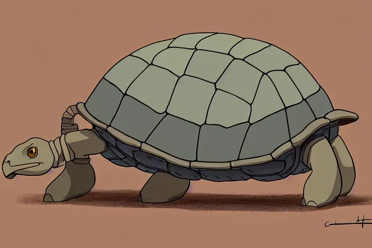 Image similar to a study of cell shaded cartoon of a grey mechanized tortoise from howl's moving castle ( 2 0 0 4 ) on a desert road, full body, wide shot, very muted colors, post grunge, studio ghibli, laurie greasley, highly detailed, deviantart, art by artgem