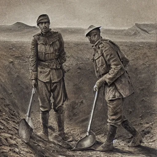 Image similar to ultra detailed photorealistic sepia - toned painting from 1 9 1 7, three british soldiers standing at an archaeological dig site in wadi rum, ultra realistic, painted, intricate details, lovecraft, atmospheric, dark, horror, brooding, highly detailed, by dave dorman