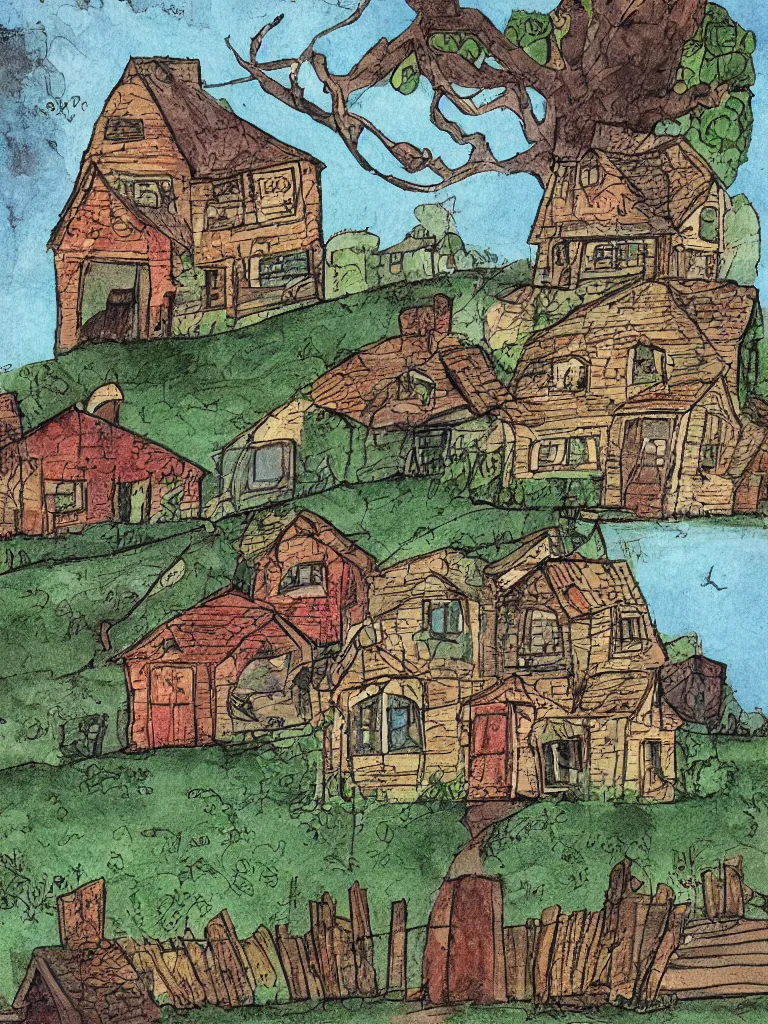 Image similar to a house on the edge of town by storybook artists, blunt borders, rule of thirds