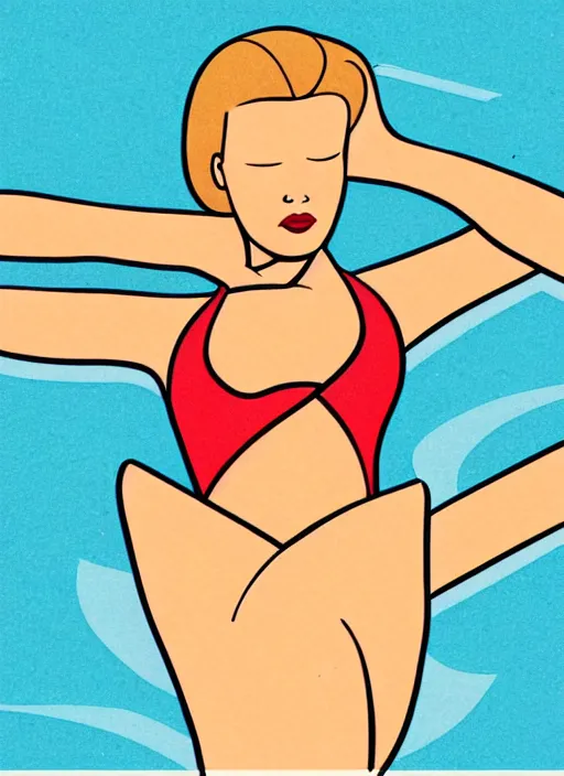 Image similar to portrait of a girl, in retro swimsuit, lying by the pool, minimalist illustration, flat colors, contrasting shadows art by parrish, maxfield, frame from a movie