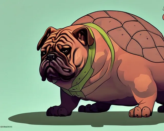 Image similar to cell shaded cartoon of a realistic bulldog with a turtle shell, concept art by josan gonzales and wlop, by james jean, victo ngai, david rubin, mike mignola, deviantart, art by artgem