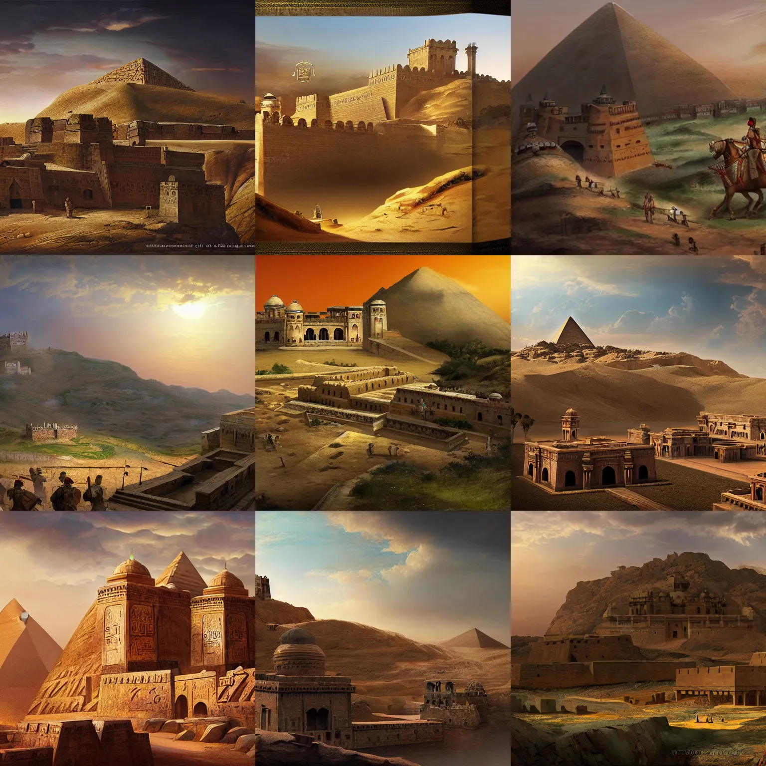 Prompt: egyptian mughal fort on the top of a hill, huge siege weapons and all out war, baroque epic matte painting, dramatic lighting