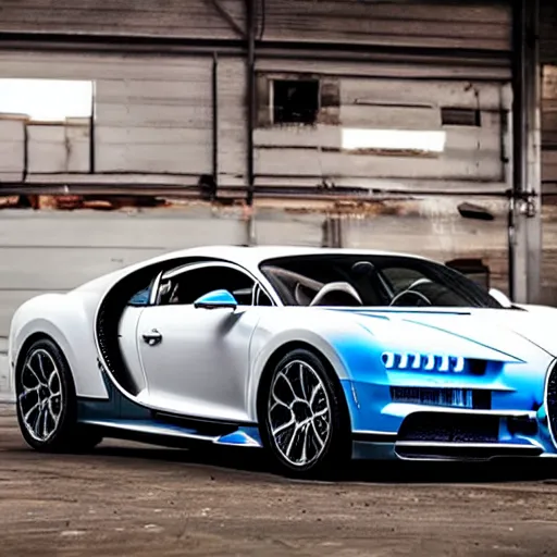 Image similar to an abandoned, derelict, rusty bugatti chiron in a dirty warehouse