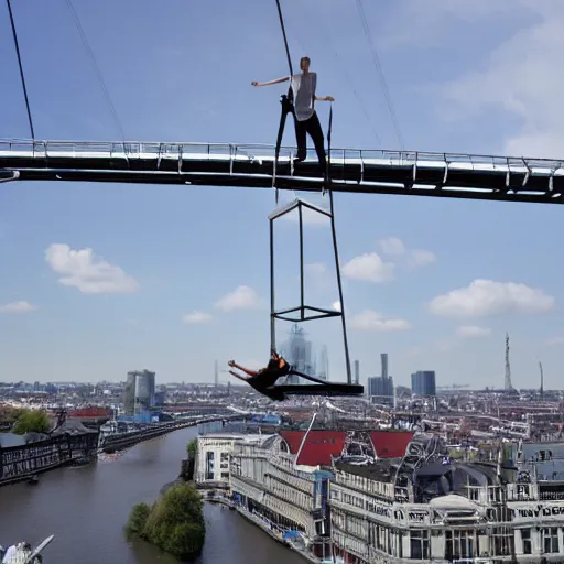 Image similar to tightrope walker above Erasmus bridge, hyperdetailed