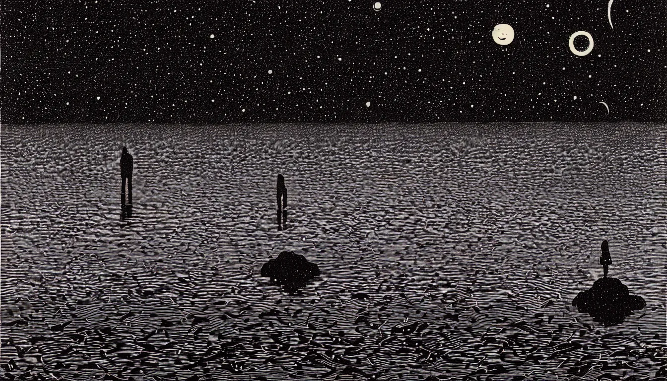 Image similar to standing in a lake looking at reflection of the night sky by woodblock print, nicolas delort, moebius, victo ngai, josan gonzalez, kilian eng