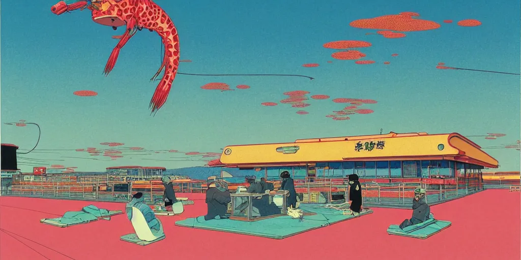 Image similar to electric cats that fly over ice, a lot of tv screens around, shrimps are all over the ground, acid and dreaming psychedelic hallucinations, by kawase hasui, moebius and edward hopper, colorful flat surreal design, hd, 8 k, artstation