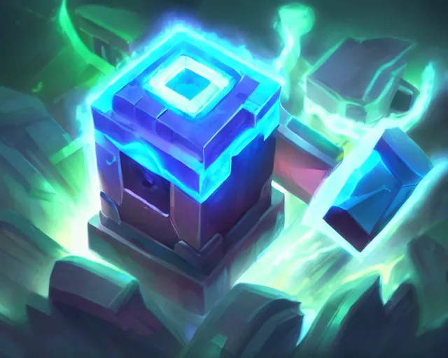 Prompt: league of legends champion splashart of a cube champion, fully rectangle glowing cube.
