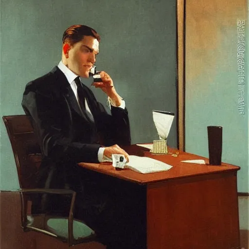 Prompt: man in desk with coffee and black suit by leyendecker and dean cornwell, 8 feet from the camera, 6 0 ´ s bauhaus furniture