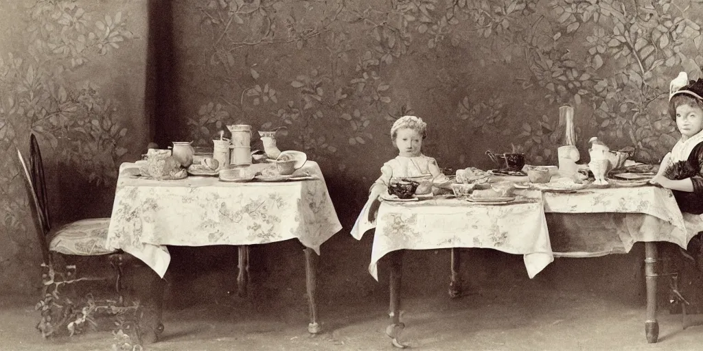 Prompt: a girl has breakfast with her cat at the table filled with food, flowery wallpaper, 1 8 8 0 s style, professional photography