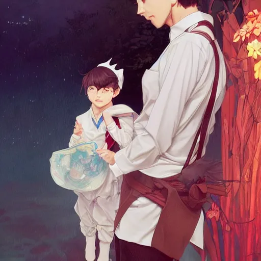 Prompt: beatiful woman wearing cat ears with big sack, a little boy wearing white shirt and red tie, anime key visual, intricate, stunning, highly detailed, digital painting, artstation, smooth, hard focus, illustration,, art by artgerm and greg rutkowski and alphonse mucha