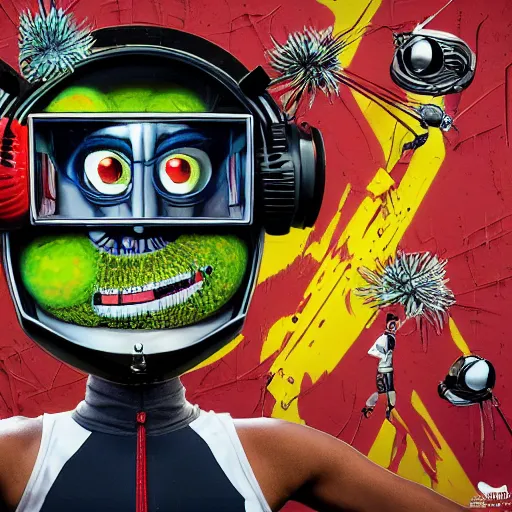 Image similar to a portrait of an anthropomorphic tennis ball monster by sandra chevrier, detailed render, tape deck, boombox, headphones, epic composition, cybernetics, 4 k realistic, cryengine, realistic shaded lighting, sharp focus, masterpiece, by matteo scalera, gary montalbano, peter elson in the style of the tokyo ghost comic