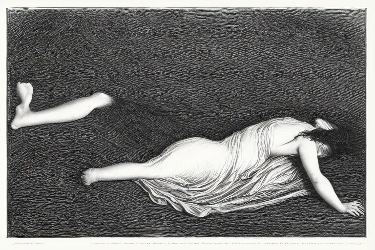 Image similar to black and white, young french woman sleeping in the flowfield, top view, Gustave Dore lithography