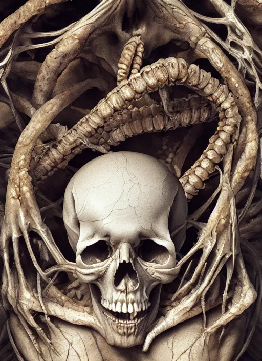 Image similar to skull with translucent skin, visible muscles and veins and arteries and bones and spines and nerves, beautiful detailed intricate insanely detailed octane render, 8k artistic photography, photorealistic, chiaroscuro, by David Cronenberg, Raphael, Caravaggio