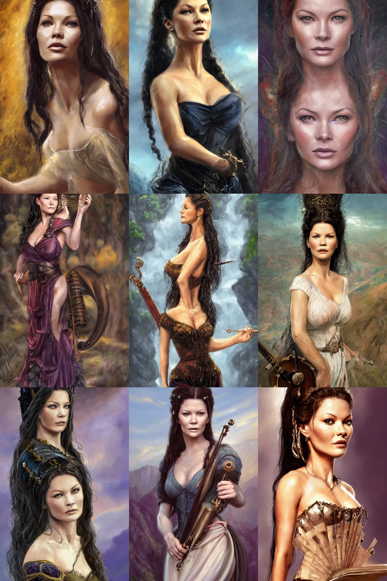 Prompt: a full body high detail fantasy portrait oil painting illustration of young catherine zeta - jones as a beautiful sophisticated singing bard woman by justin sweet with face and body clearly visible, in a scenic background, pupils visible, realistic proportions, d & d, rpg, forgotten realms, artstation trending, high quality, sombre mood, artstation trending, muted colours, entire person visible!