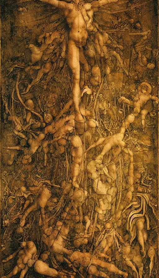 Image similar to life and death mixing together, by leonardo da vinci