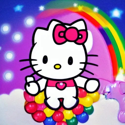 Image similar to Hello kitty riding a unicorn over a rainbow,