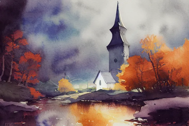 Prompt: small centered on watercolor paper, paint brush strokes, abstract watercolor painting of traditional scandinavian wooden church with tower, viking dragon decor, translucent leaves, cinematic light, national romanticism by hans dahl, by jesper ejsing, by anders zorn, by greg rutkowski, by greg manchess, by tyler edlin