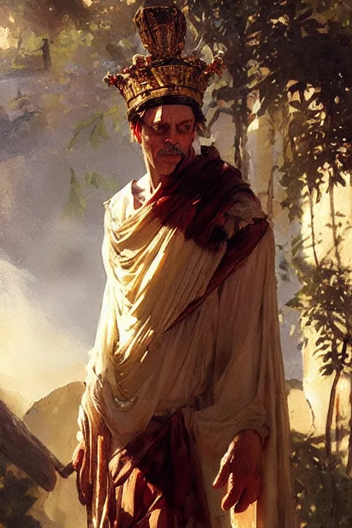 Prompt: ancient roman steve buscemi ascending wearing the civic crown, art by anders zorn, wonderful masterpiece by greg rutkowski, beautiful cinematic light, american romanticism by greg manchess, jessica rossier