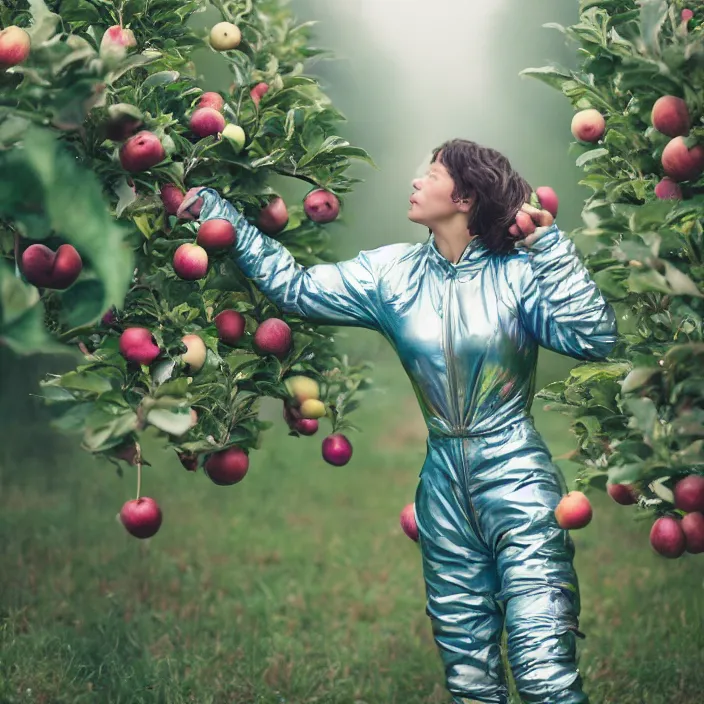 Prompt: a closeup portrait of a woman wearing an iridescent spacesuit, picking apples from a tree, foggy, moody, photograph, by vincent desiderio, canon eos c 3 0 0, ƒ 1. 8, 3 5 mm, 8 k, medium - format print