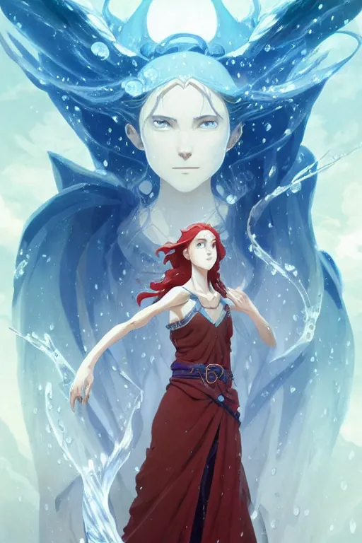 Image similar to elvish female sorcerer doing water magic spells, blue robes, red hair, finely detailed perfect face, exquisite details, mid view, design on a white background, by studio muti, greg rutkowski makoto shinkai takashi takeuchi studio ghibli