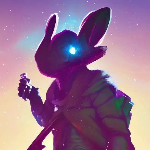 Image similar to a majestic, beautiful humanoid bunny rabbit in the style of the drifter from the video game hyperlight drifter holding a sword made of light, award winning, oil painting, detailed, 4k, highlight