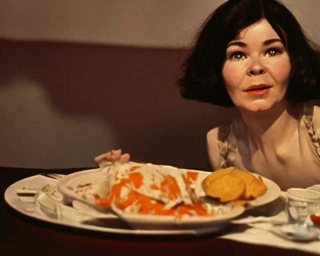 Image similar to 1 9 7 9 a soviet movie still a bjork sitting at a table with a plate of food in dark warm light, a character portrait by nadya rusheva, perfect symmetric coherent face, perfect symmetric eyes, featured on cg society, neo - fauvism, movie still, 8 k, fauvism, cinestill, bokeh, gelios lens