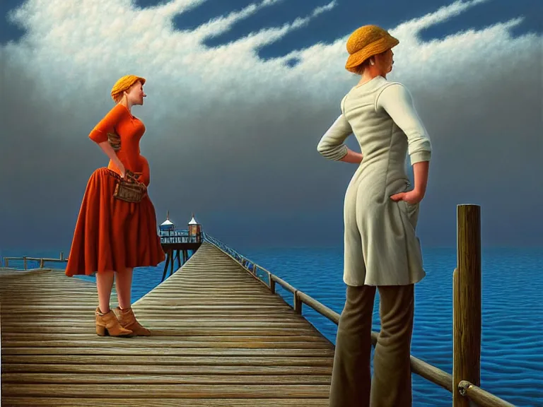 Image similar to a fancy beautiful woman standing on a wharf at the edge of a cold sea by rob gonsalves and vladimir kush and ruth deckard and gil elvgren and harry ekman and george petty and hilo chen, crisp details, hyperrealism, high detail, high contrast, low light, grey mist, cobblestones, dim lantern