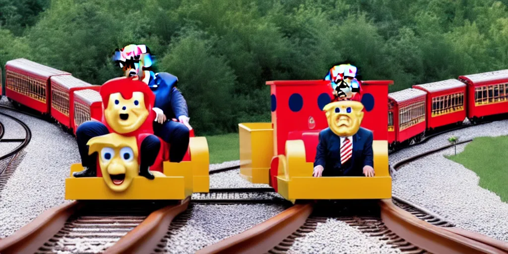 Image similar to Photo of Donald J. Trump crashing a kiddy train into gravel, screaming, taken in Silver Dollar City 2020