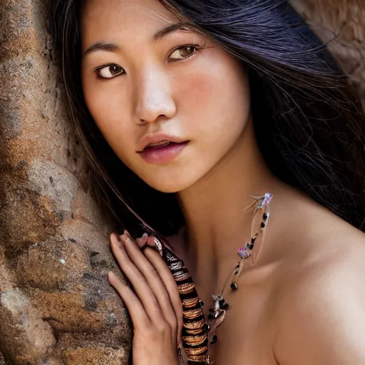 Image similar to portrait of a stunningly beautiful alluring asian tribal female, depth of field, zeiss lens, detailed, symmetrical, centered, fashion photoshoot, by Annie Leibovitz and Steve McCurry, David Lazar, Jimmy Nelsson, Breathtaking, 8k resolution, extremely detailed, beautiful, establishing shot, artistic, hyperrealistic, beautiful face, octane render