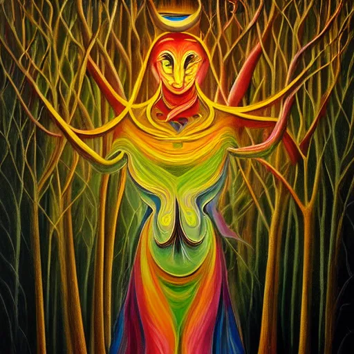 Prompt: painting a jester made of energy and light in a dense foggy forest by Alex Grey, acrylic art, ethereal, soothing, somber, elegant, warm light, cozy, glows,