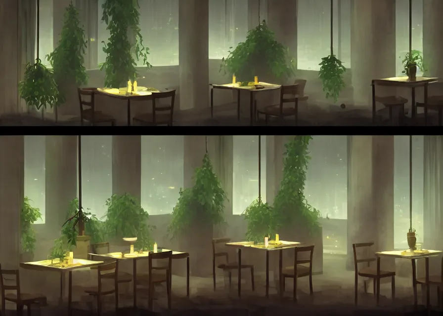 Image similar to an interior room of a dim restaurant at night with hanging plants, makoto shinkai, dusty, matte painting