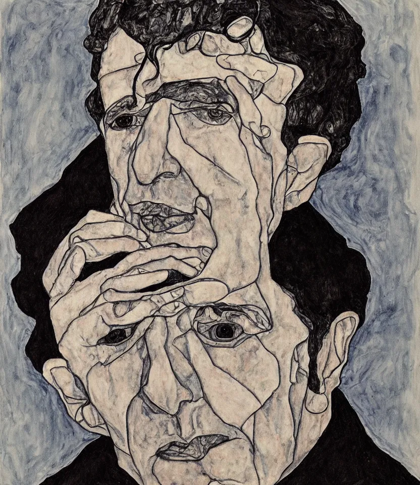 Image similar to a line art portrait of singer leonard cohen, inspired by the work of egon schiele.