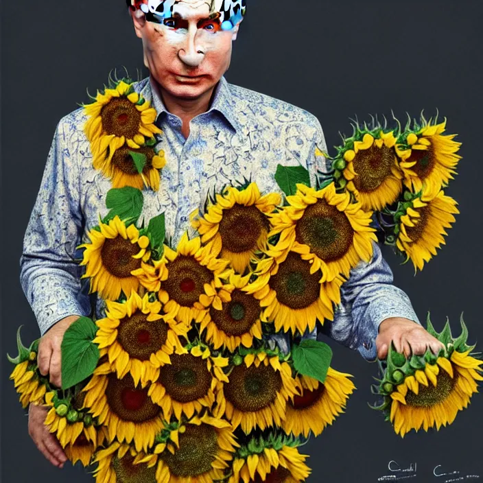 Prompt: photo portrait of Vladimir Putin - sunflowers - dressed in leisure shirt with ornamental ethereal sunflower pattern, natural skin tone, highly detailed realistic flowers ornament on the shirt, raging war and explosions in the background, eyebrows and wrinkles are intricate and highly detailed, elegant, Realistic, Refined, Highly Detailed, natural soft pastel lighting colors scheme, fine art photography by Cecil Beaton, volumetric lighting, hyper realistic photography