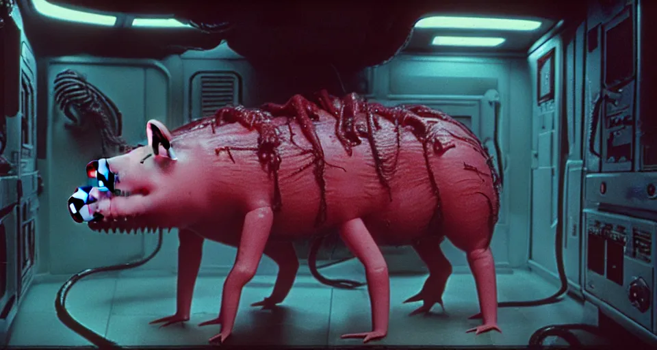 Image similar to peppa the pig infected by xenomorph from movie alien 1 9 7 9, staying at nostromo spaceship. extreme long shot, 4 k, cinestill, giger, hermann nitsch, dark colors