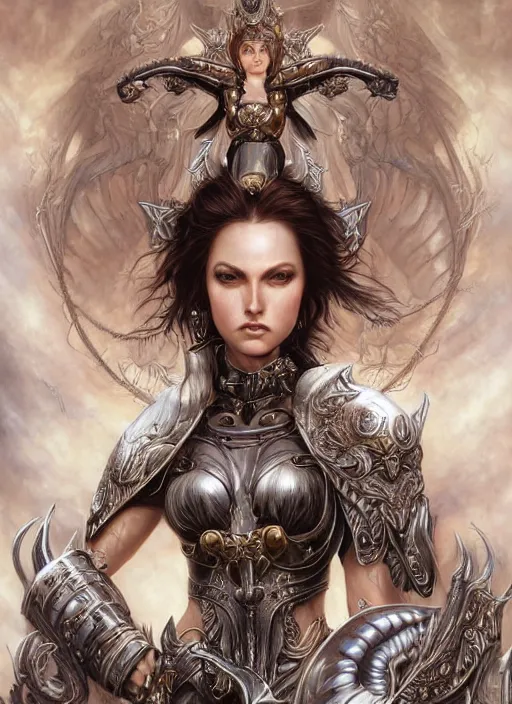 Prompt: a highly detailed symmetrical painting of a female model fantasy warrior with piercing beautiful eyes, trending art by artgerm and karol bak and mark brooks and donato giancola and bayard wu and gustav moreau and wayne barlowe