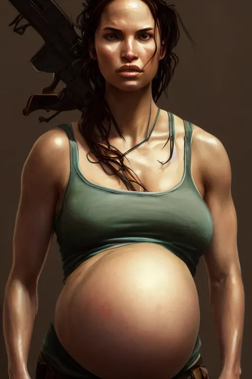 Image similar to pregnant lara croft in a tank top, realistic portrait, symmetrical, highly detailed, digital painting, artstation, concept art, smooth, sharp focus, illustration, cinematic lighting, art by artgerm and greg rutkowski and alphonse mucha