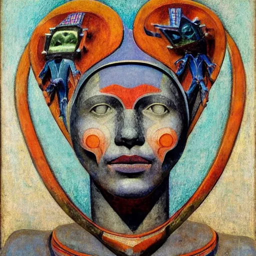 Prompt: portrait of a robot shaman, by annie swynnerton and and rufino tamayo and jean delville and edward hopper and evelyn de morgan, art deco shaman, stylized flowers, art brut, outsider art, symbolist, dramatic lighting, god rays, elaborate geometric ornament, clean crisp graphics, smooth sharp focus, extremely detailed, adolf wolfli