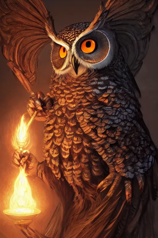 Prompt: closeup 3 5 mm anthropomorphic sorcerer owl casting a spell in a castle, d & d, fantasy, intricate, action pose, particle effects, highly detailed, digital painting, artstation, concept art, matte, sharp focus, volumetric lighting, illustration, hearthstone, art by artgerm, wlop, greg rutkowski and alphonse mucha