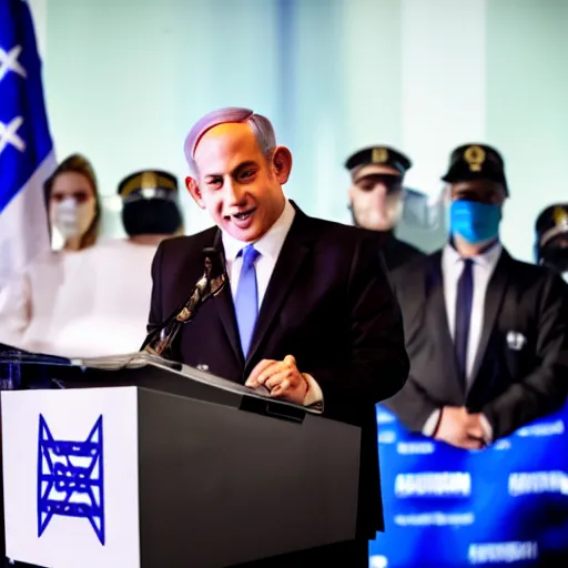 Image similar to photograph of Benjamin Netanyahu giving a speech while bodyguards wearing suits and medical masks are standing behind him ,a podium is in front of him, cinematic lighting, official media, HQ, 4K, news photography