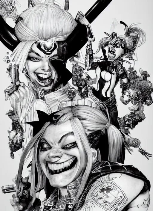 Image similar to highly detailed ink illustration of harley quinn, unreal engine, octane render, b & w clean shaped illustration by kim jung gi, ron english and eiichiro oda