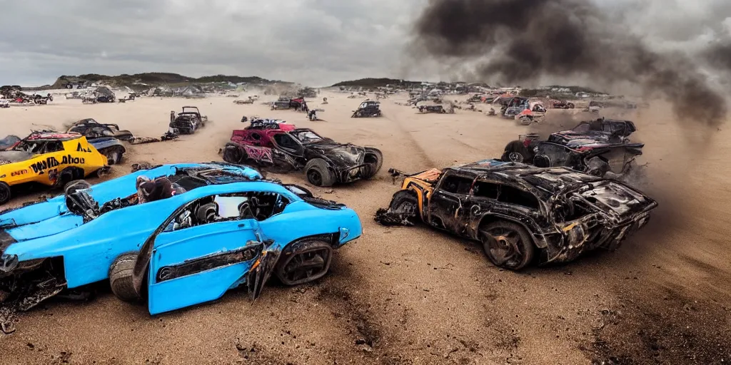 Prompt: the most craziest extreme mad max style car race in history, along a beach in cornwall, really extreme cyberpunk brutal racing machines, gritty, crash, custom fighting speed machines, spectators, smoke, dust, waves, cloudy blue sky