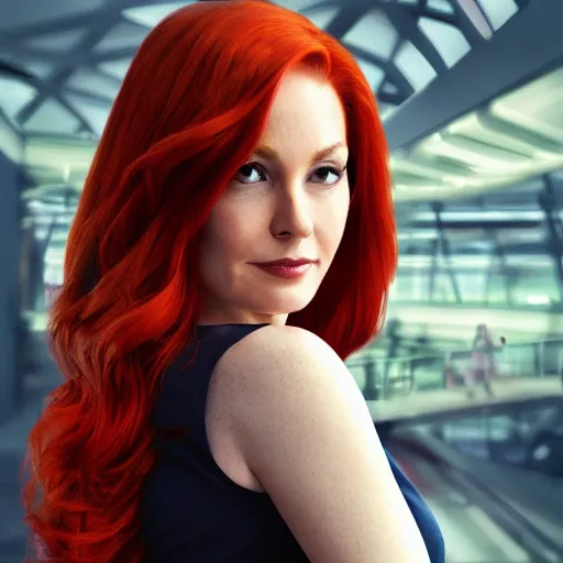 Prompt: Portrait of Jean Grey, a beautiful woman in her 30s, with red hair and green eyes, dressed casually, in the background is an elegant office, background depth, superhero, heroic, realistic, hyper realism, concept art, fine details, dramatic lighting, cinematic,