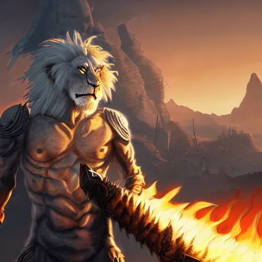 Prompt: Lionman with white hair and glowing yellow eyes wearing leather armor, walking towards the camera, burning city in background, charred landscape, Ray Tracing Global Illumination, wielding a longsword, detailed fantasy art, Dim Lighting